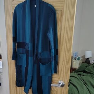 Teal and Navy Open Front Knit Cardigan